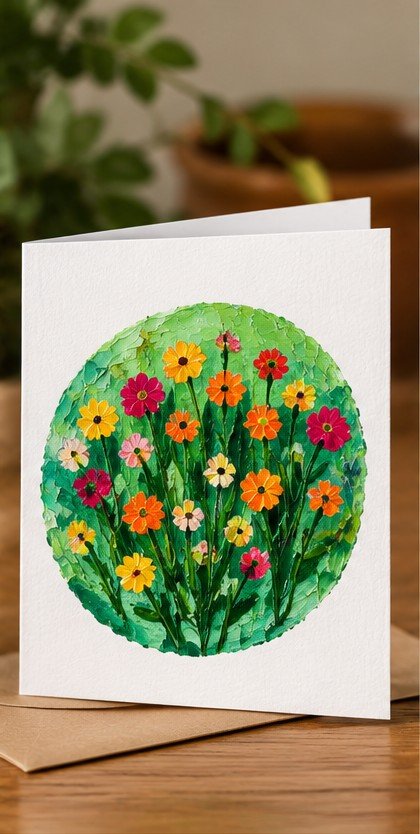 Greeting card with a round painting of orange, red and pink flowers on a green ground, standing on a wooden table