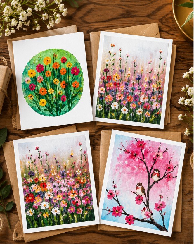 Four greeting cards with her paintings: a round flower garden, two wildflower meadows and cherry blossom with birds