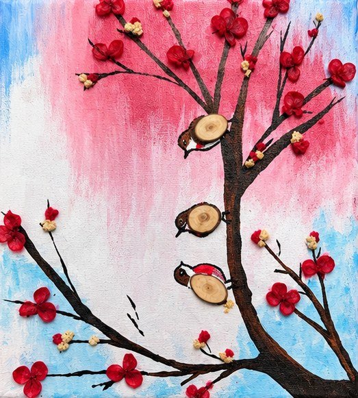 Painting of three small birds with wood-slice bodies perched on a dark branch of red blossoms against a pink and blue sky