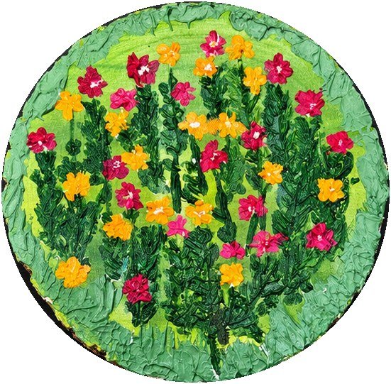 Round textured painting of red, pink and orange flowers among dark green leaves on a bright green ground