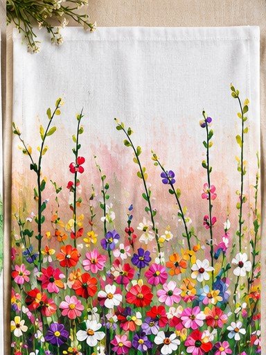 Tea towel printed with a painting of colourful wildflowers on tall green stems