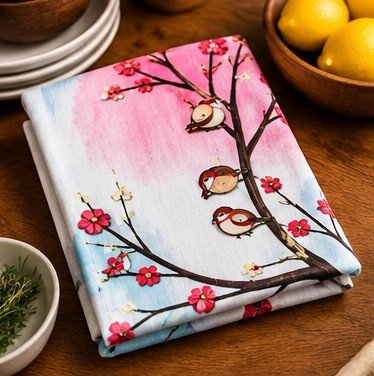 Cherry Blossom Birds Tea Towel, second view